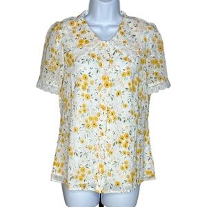 Allegra K Yellow Floral Lace Blouse